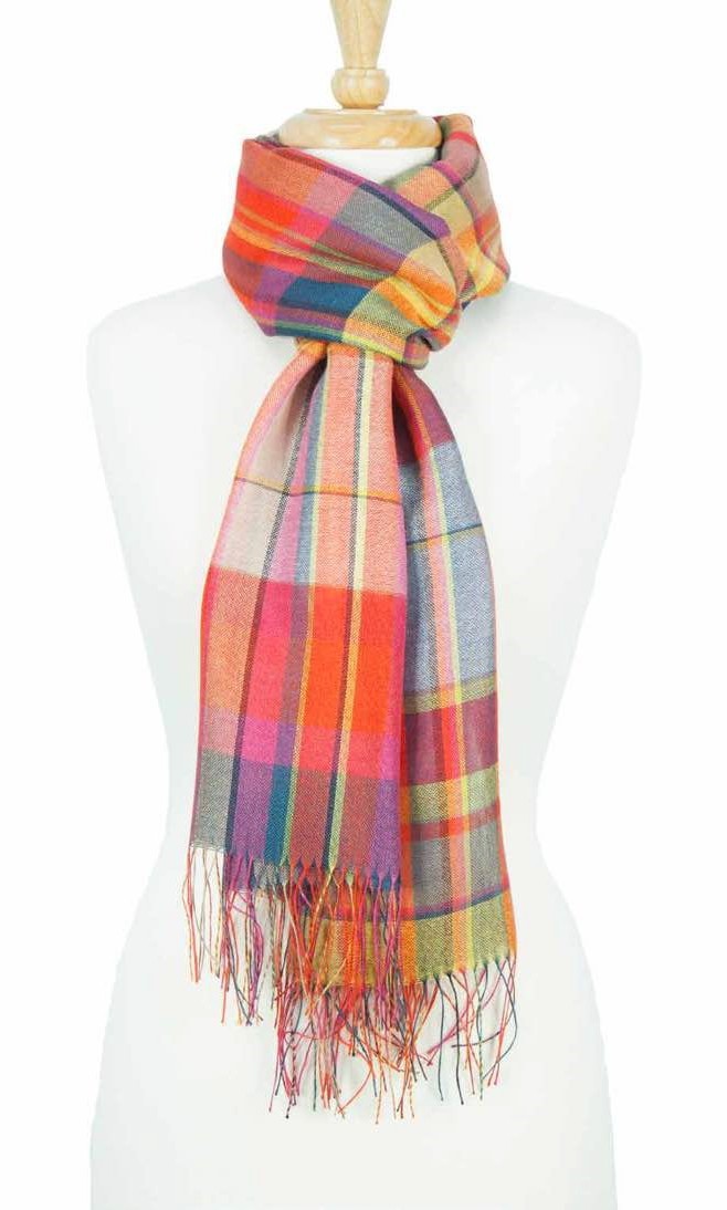 Alpaca & Silk Checked Wide Scarf - Orange/Pink - 1