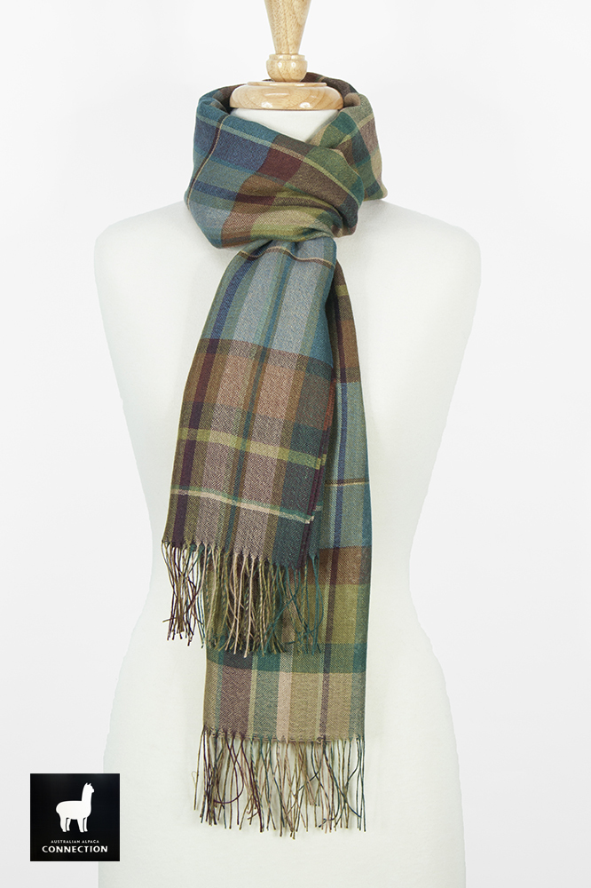 Alpaca & Silk Checked Wide Scarf - Brown/Blue - 1