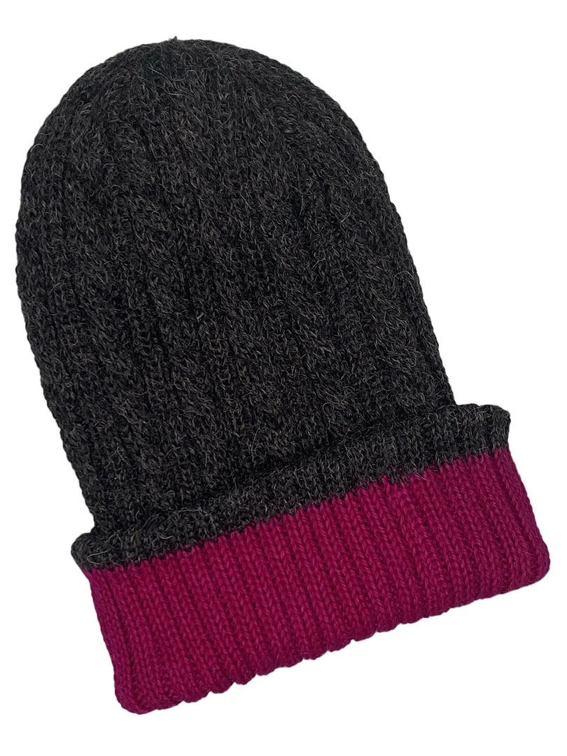 Reversible Hand Knit Alpaca Beanie - Magenta/Charcoal - 2