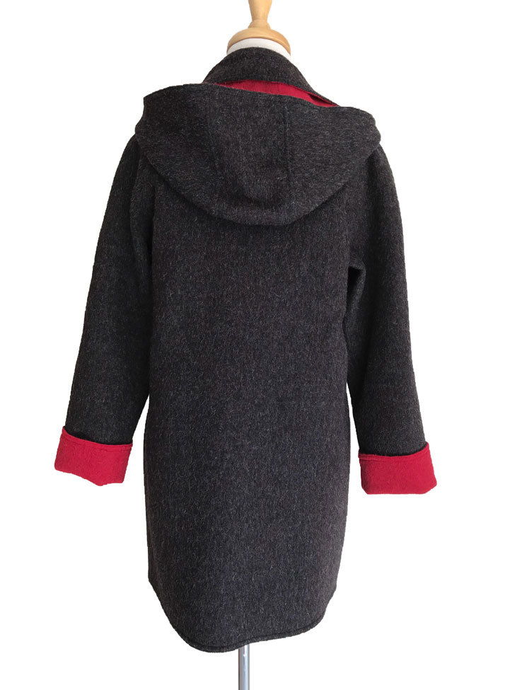 Charcoal & Deep Red Reversible Duffle Coat with Detachable Hood - 4
