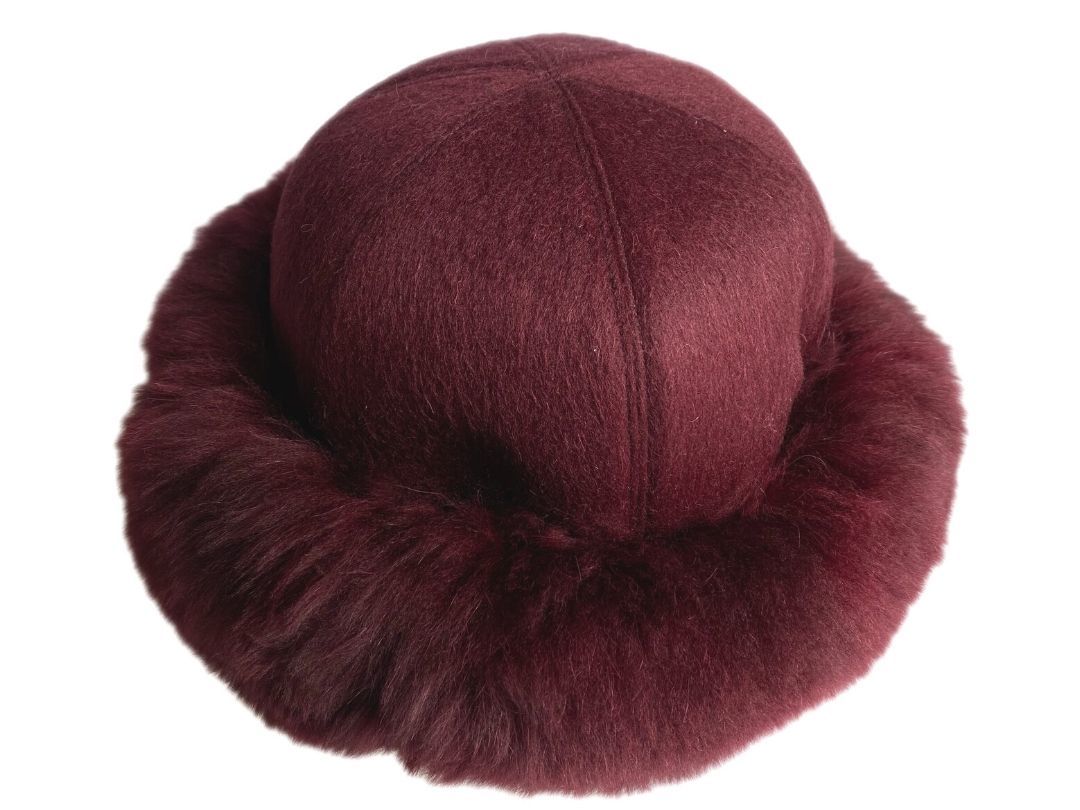 Baby Alpaca Fur Trim Hat - Burgundy - 2