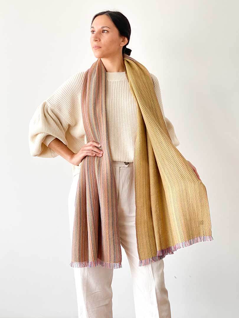 Stripes and Zarga Shawl - Mustard - 2