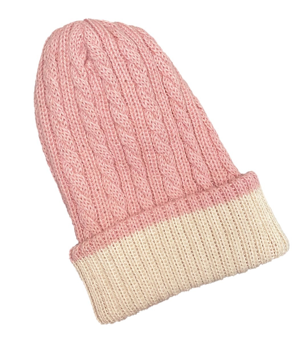Reversible Hand Knit Alpaca Beanie - Pale Pink / White - 1
