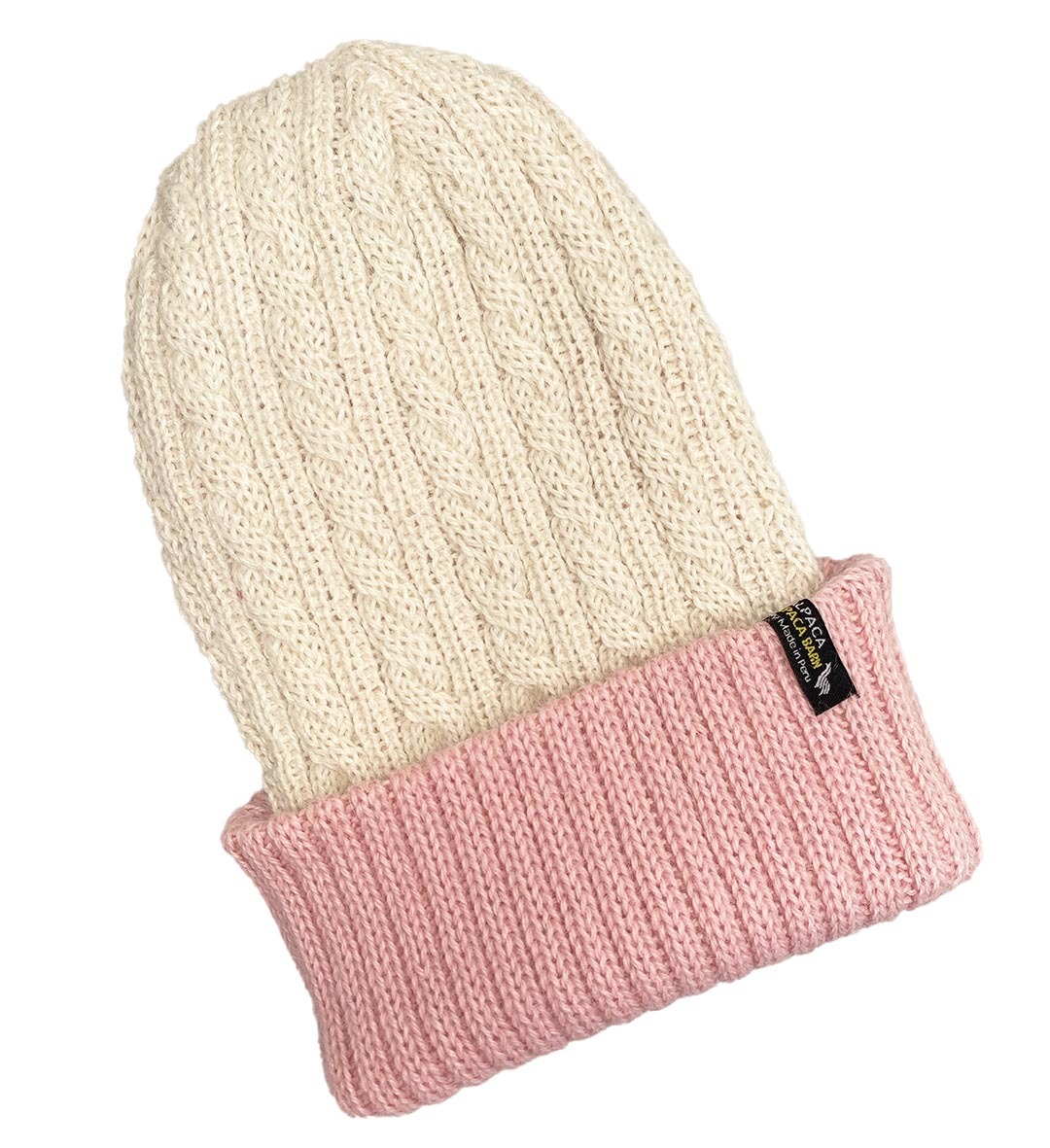 Reversible Hand Knit Alpaca Beanie - Pale Pink / White - 2