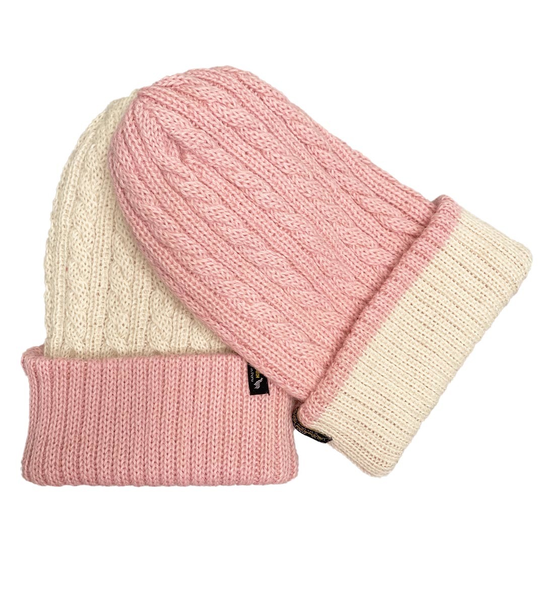 Reversible Hand Knit Alpaca Beanie - Pale Pink / White - 3