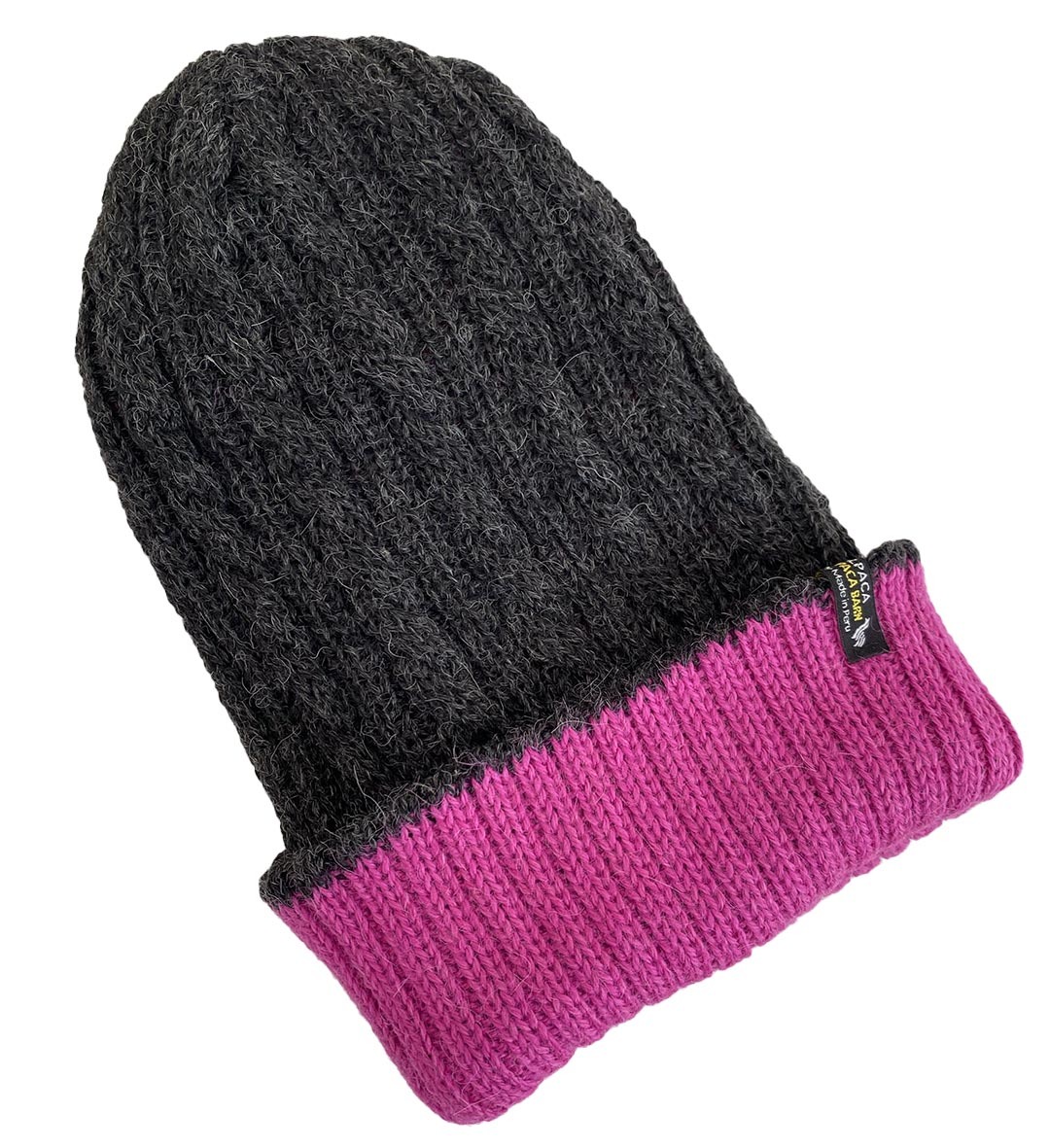 Reversible Hand Knit Alpaca Beanie - Hot Pink/Charcoal - 2
