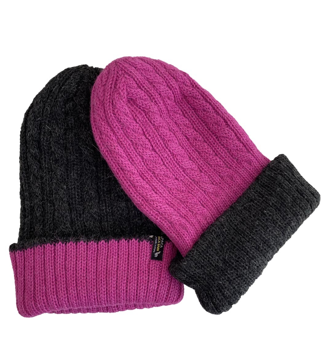 Reversible Hand Knit Alpaca Beanie - Hot Pink/Charcoal - 3