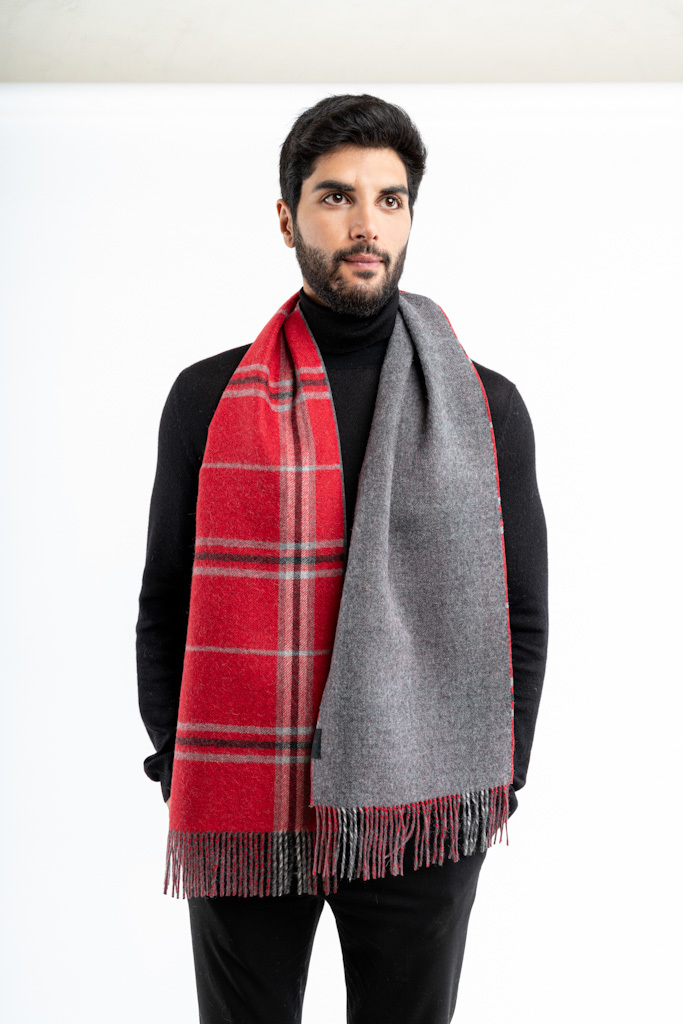 Alpaca Classic Scarf - Double Faced Red/Mid Grey - 1