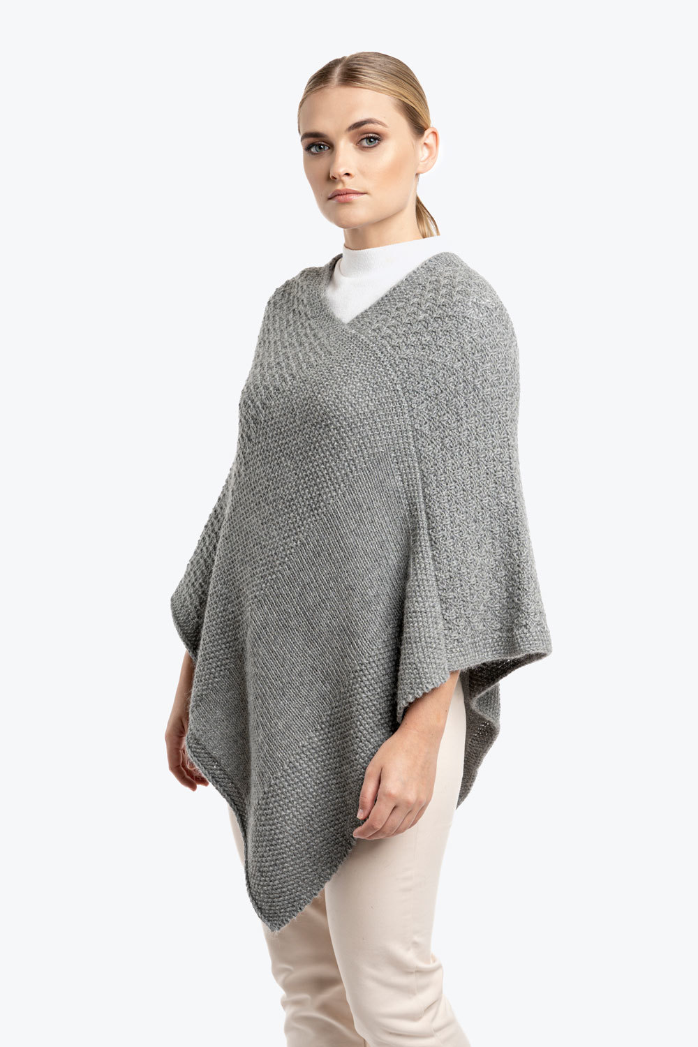 Ladies V-Neck Knitted Poncho - Silver - 1
