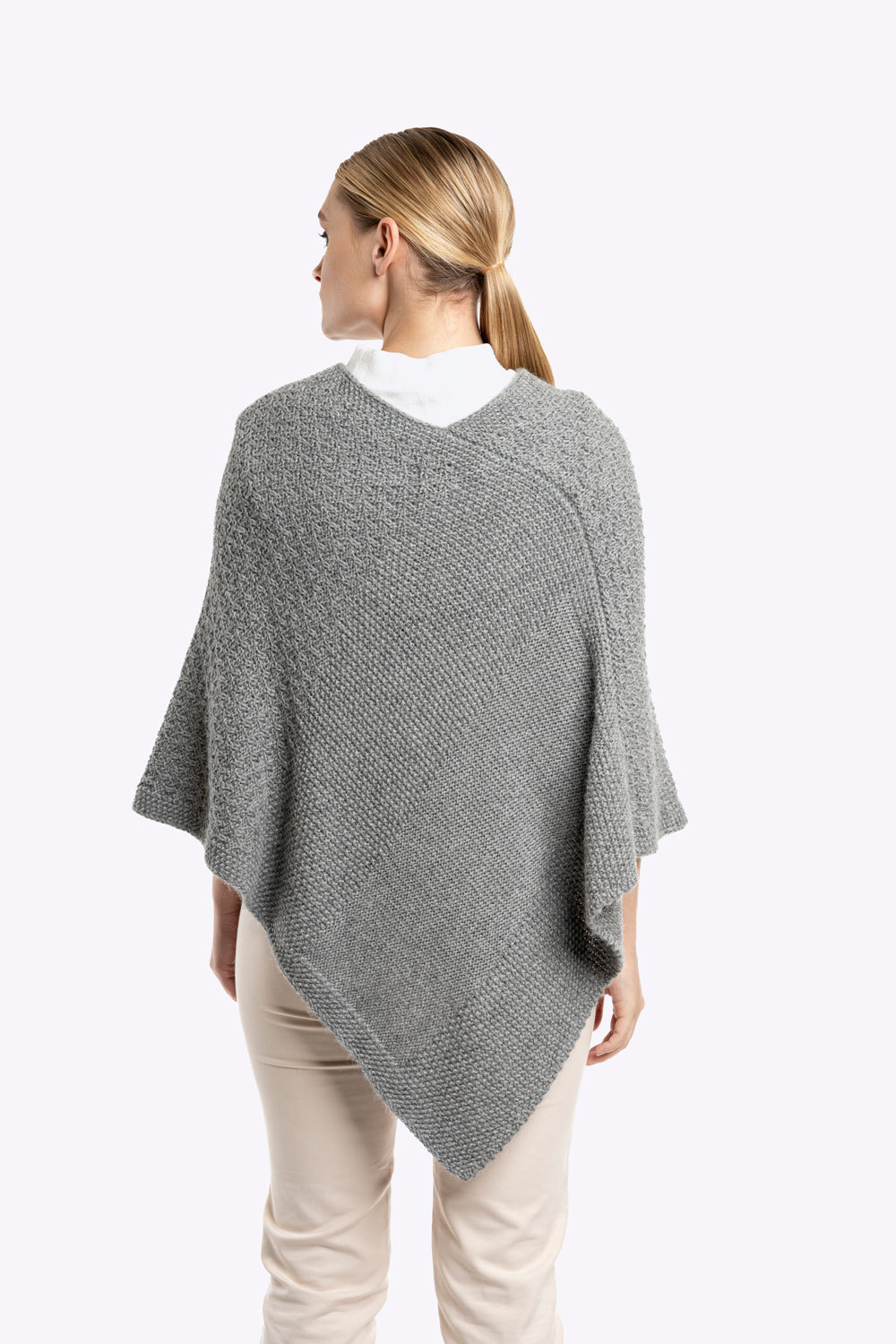 Ladies V-Neck Knitted Poncho - Silver - 3