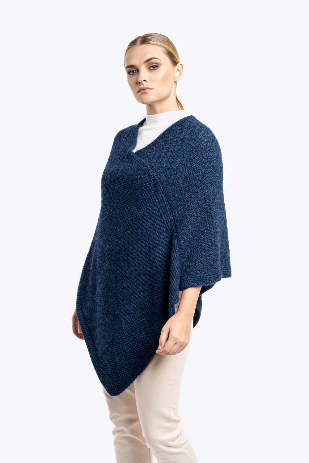 Ladies V-Neck Knitted Poncho - Blue - 1