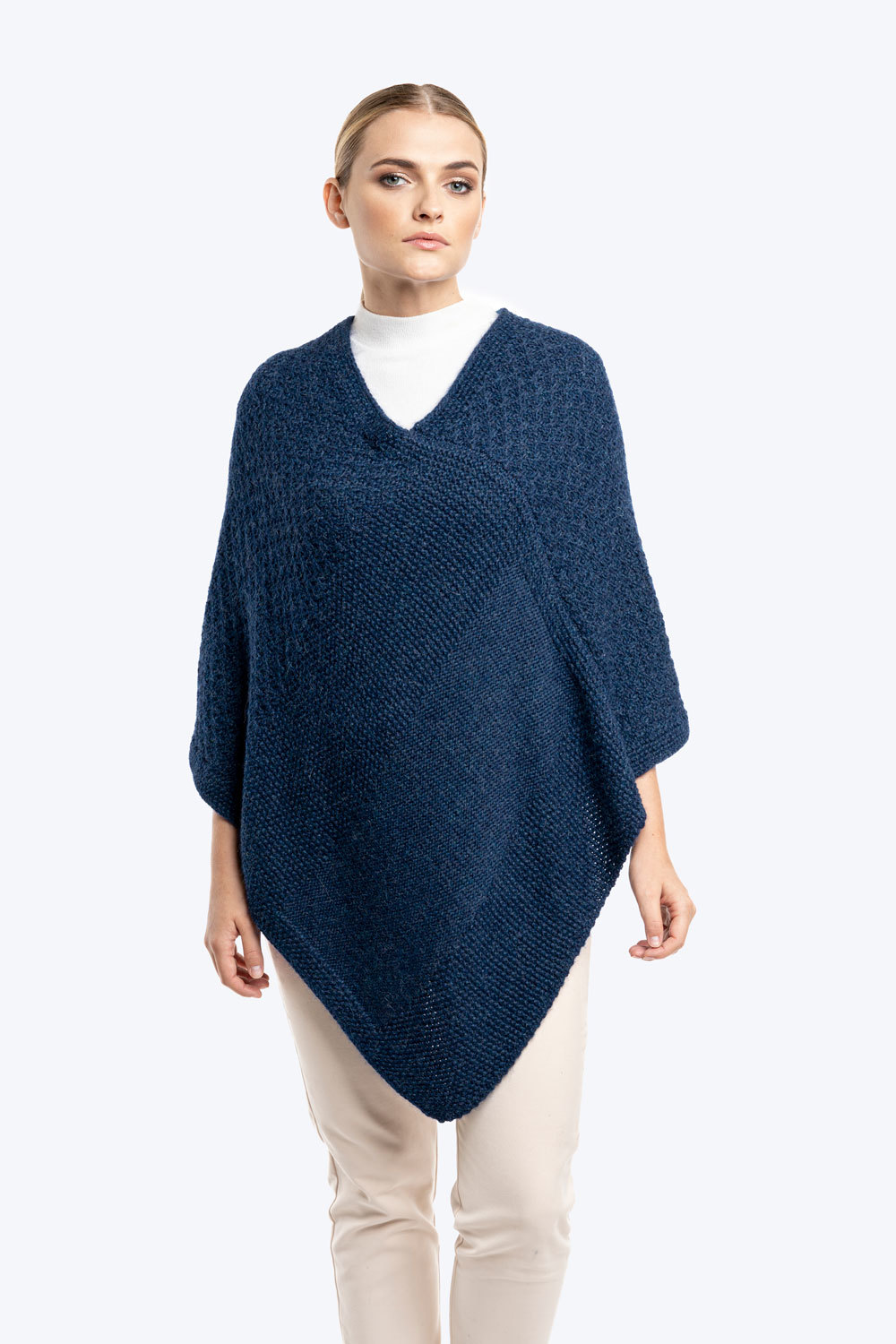 Ladies V-Neck Knitted Poncho - Blue - 2