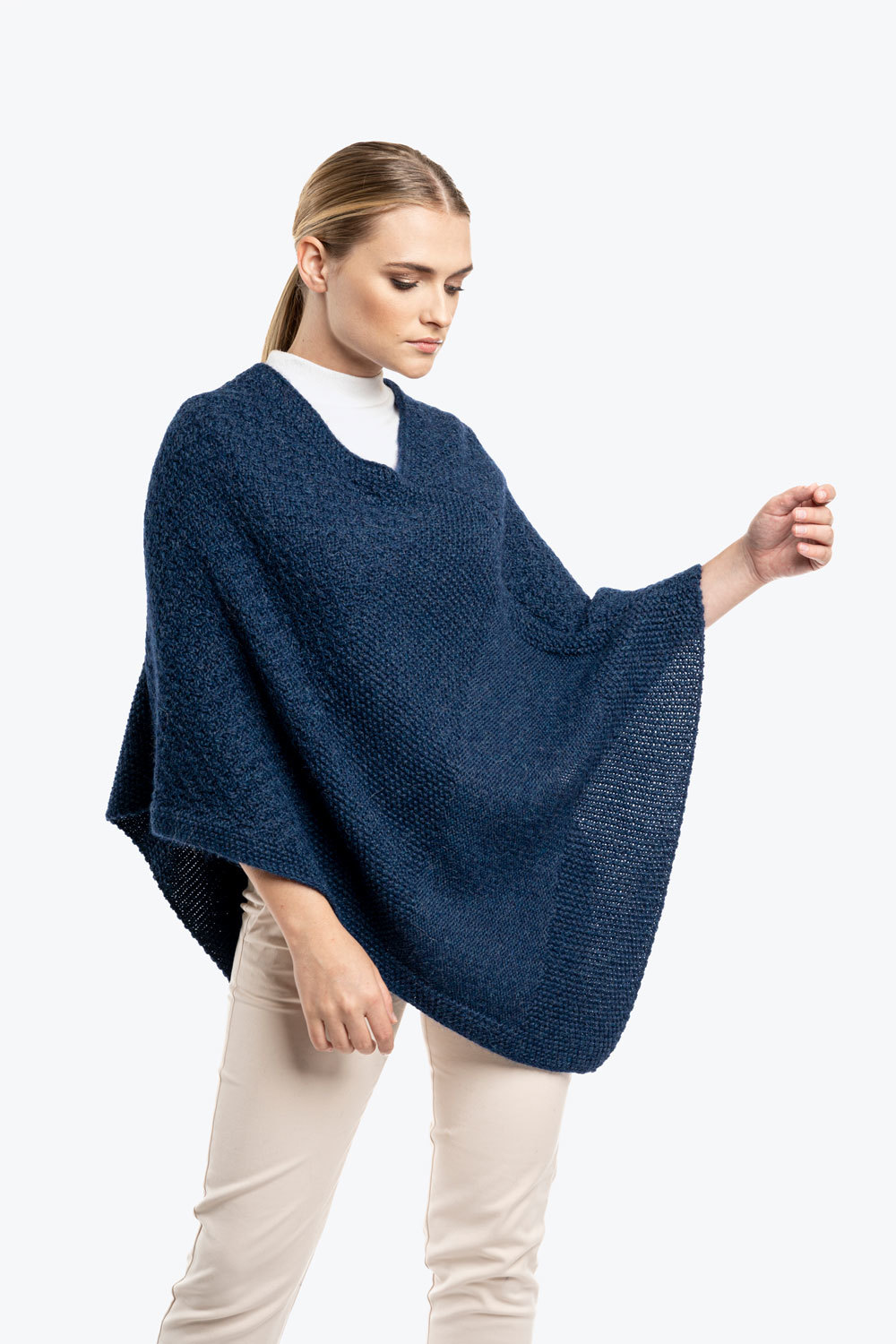 Ladies V-Neck Knitted Poncho - Blue - 3