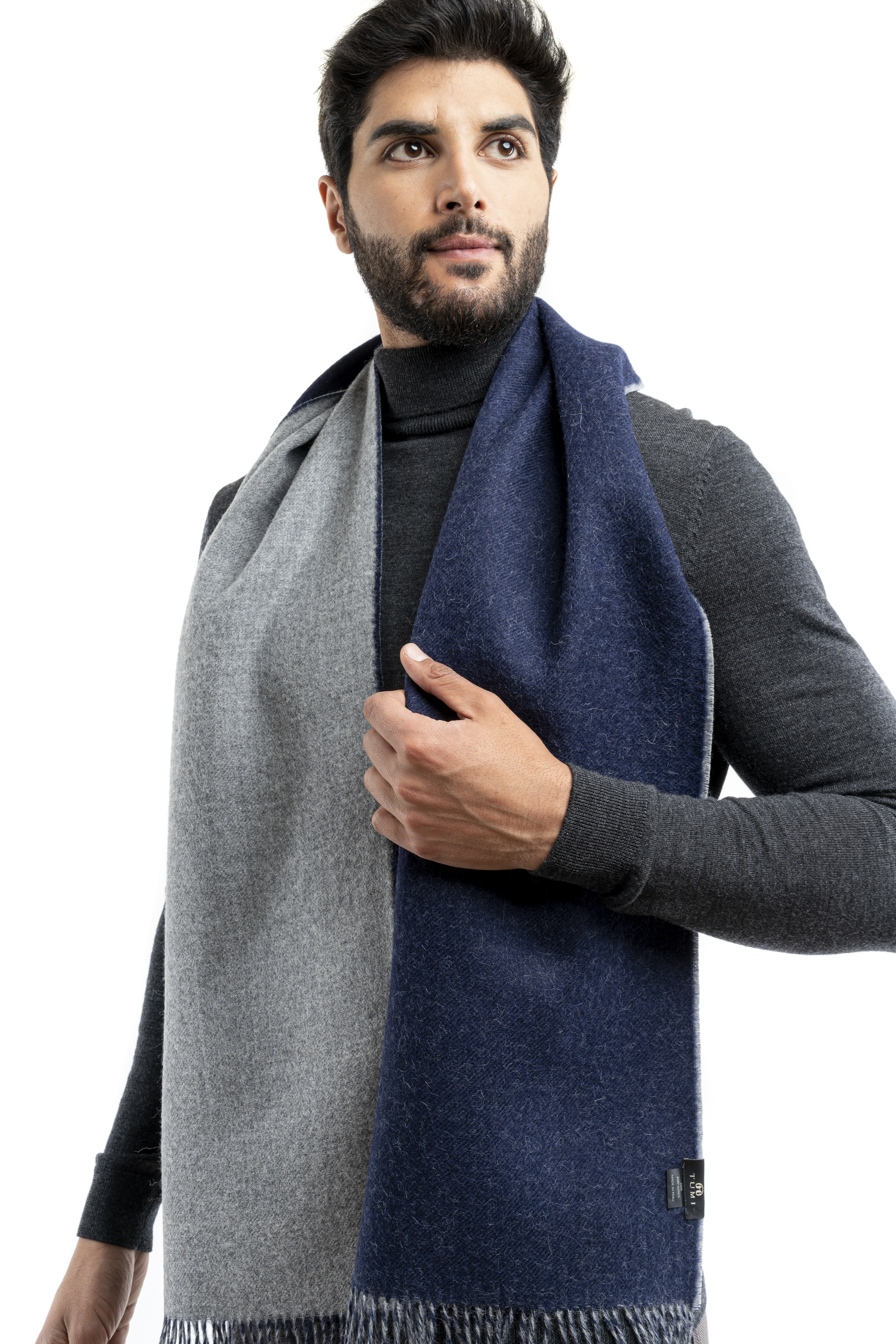 NEW - Double Faced Alpaca Classic Scarf - Navy Blue/Light Grey - 1