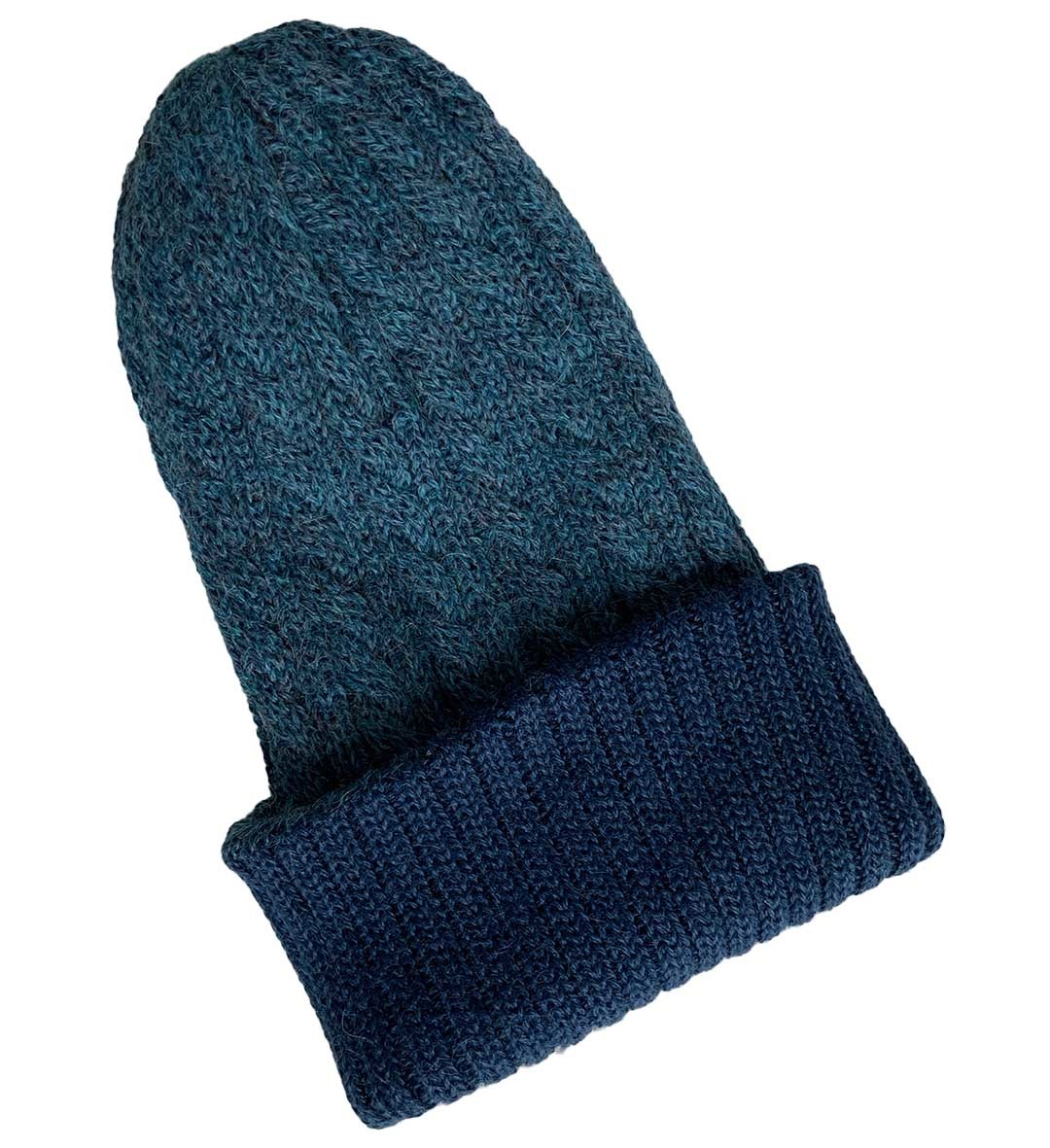 New - Reversible Hand Knit Alpaca Beanie - Teal/Blue - 2