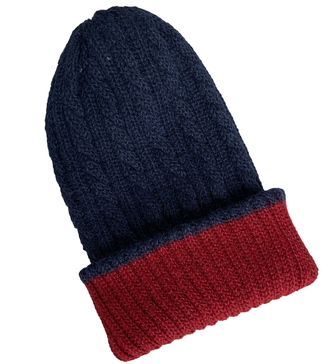 New - Reversible Hand Knit Alpaca Beanie - Red/Blue - 2