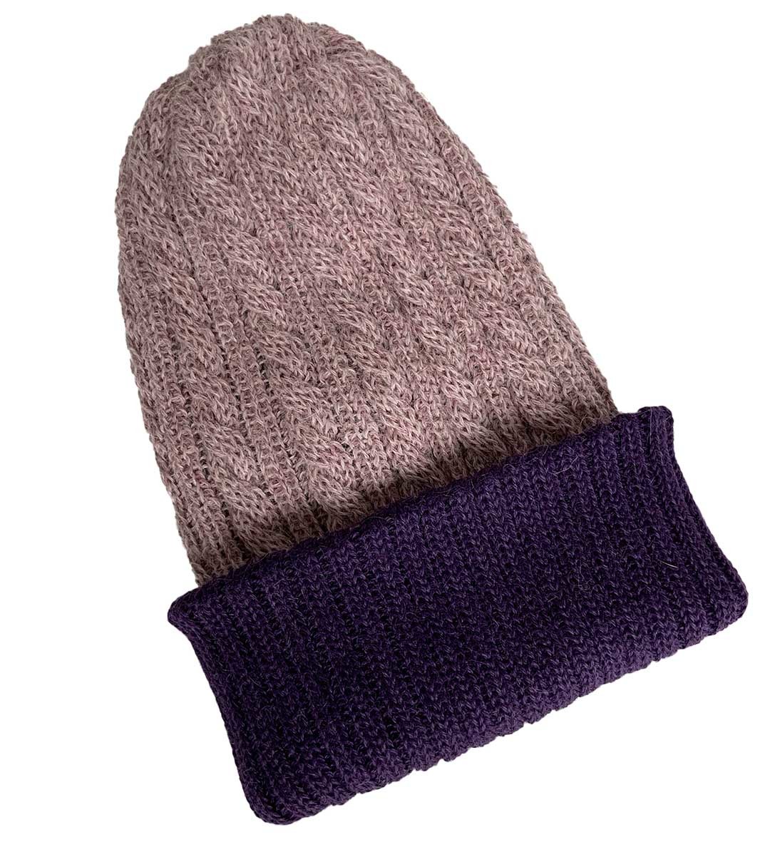 New - Reversible Hand Knit Alpaca Beanie - Pink/Purple - 2