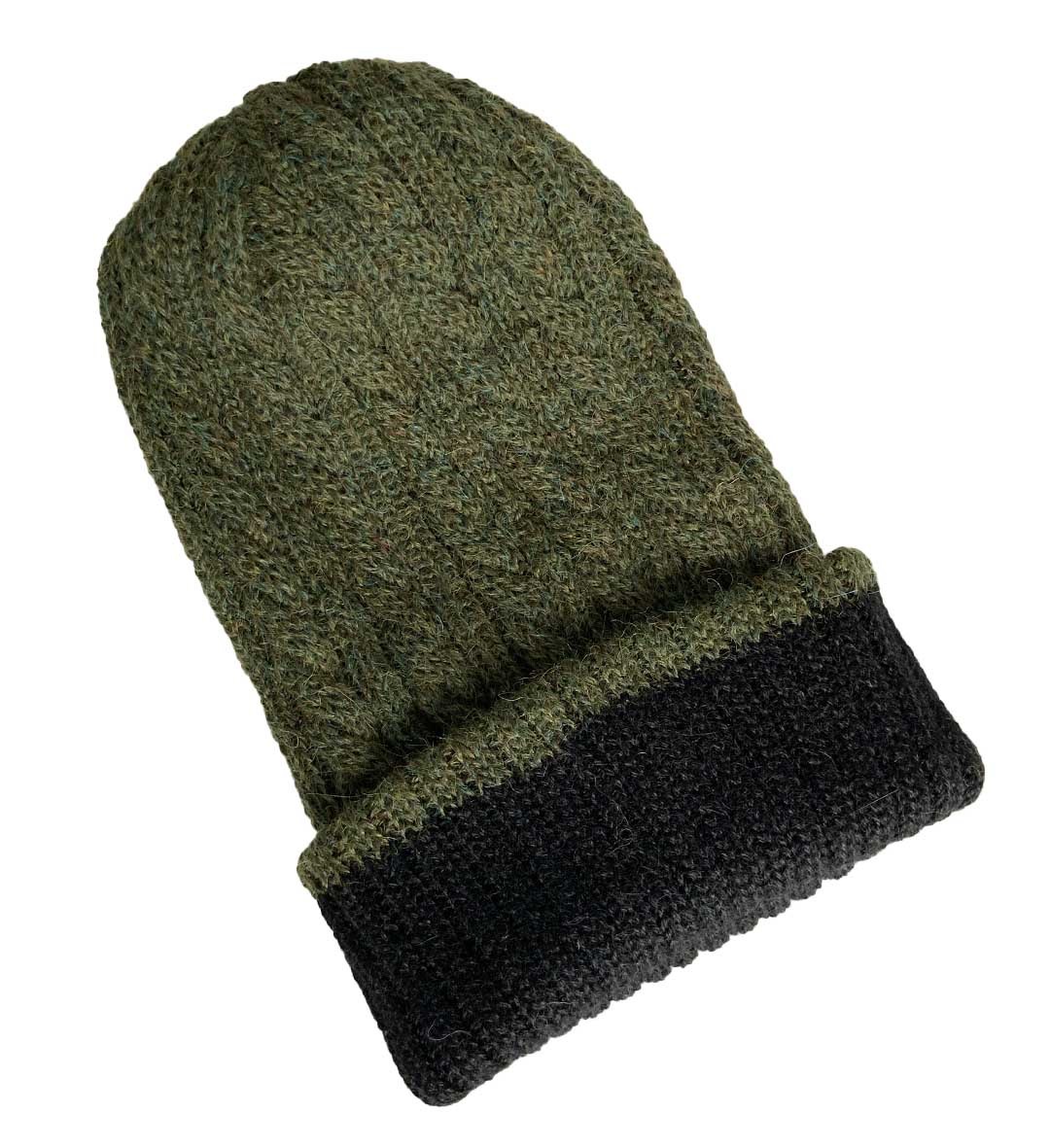 New - Reversible Hand Knit Alpaca Beanie - Forest Green/Black - 2