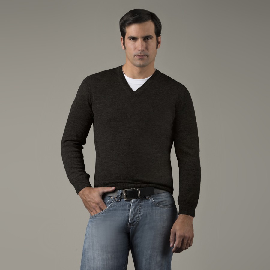 Mens Alpaca Jersey V-Neck Sweater - Black - 1