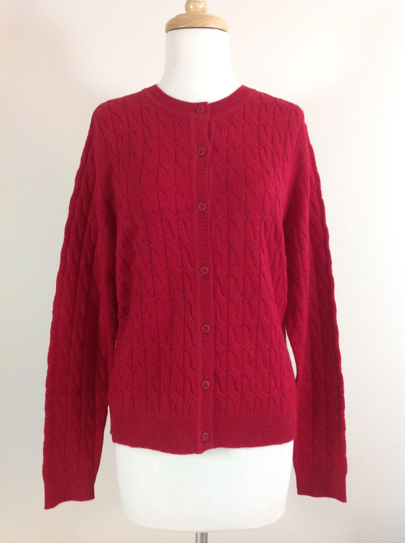Classic Crew Neck Cable Cardigan - Deep Red - 1
