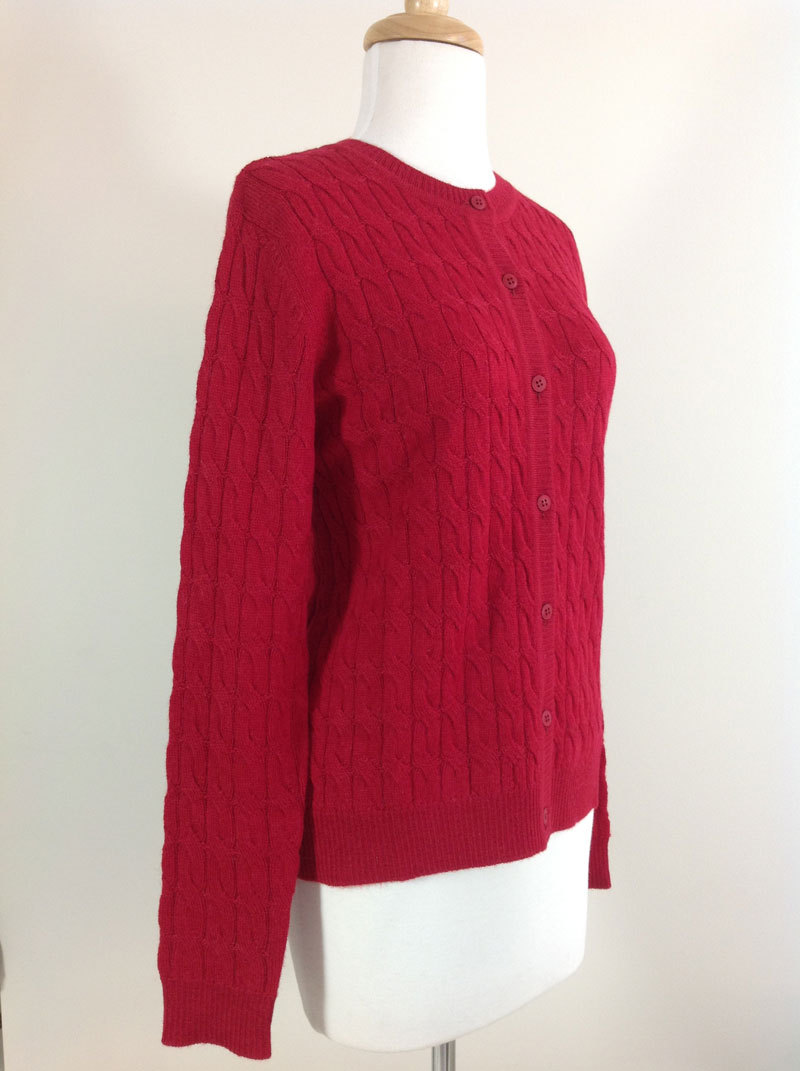 Classic Crew Neck Cable Cardigan - Deep Red - 2