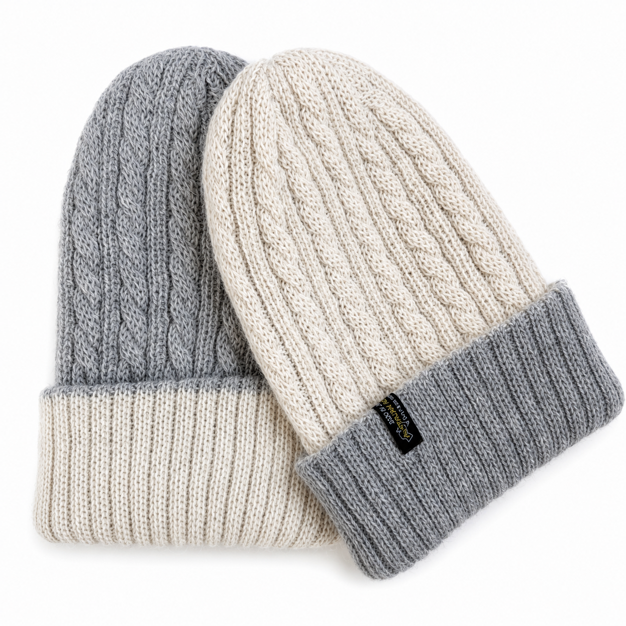 Reversible Hand Knit Alpaca Beanie - Silver/Cream - 1