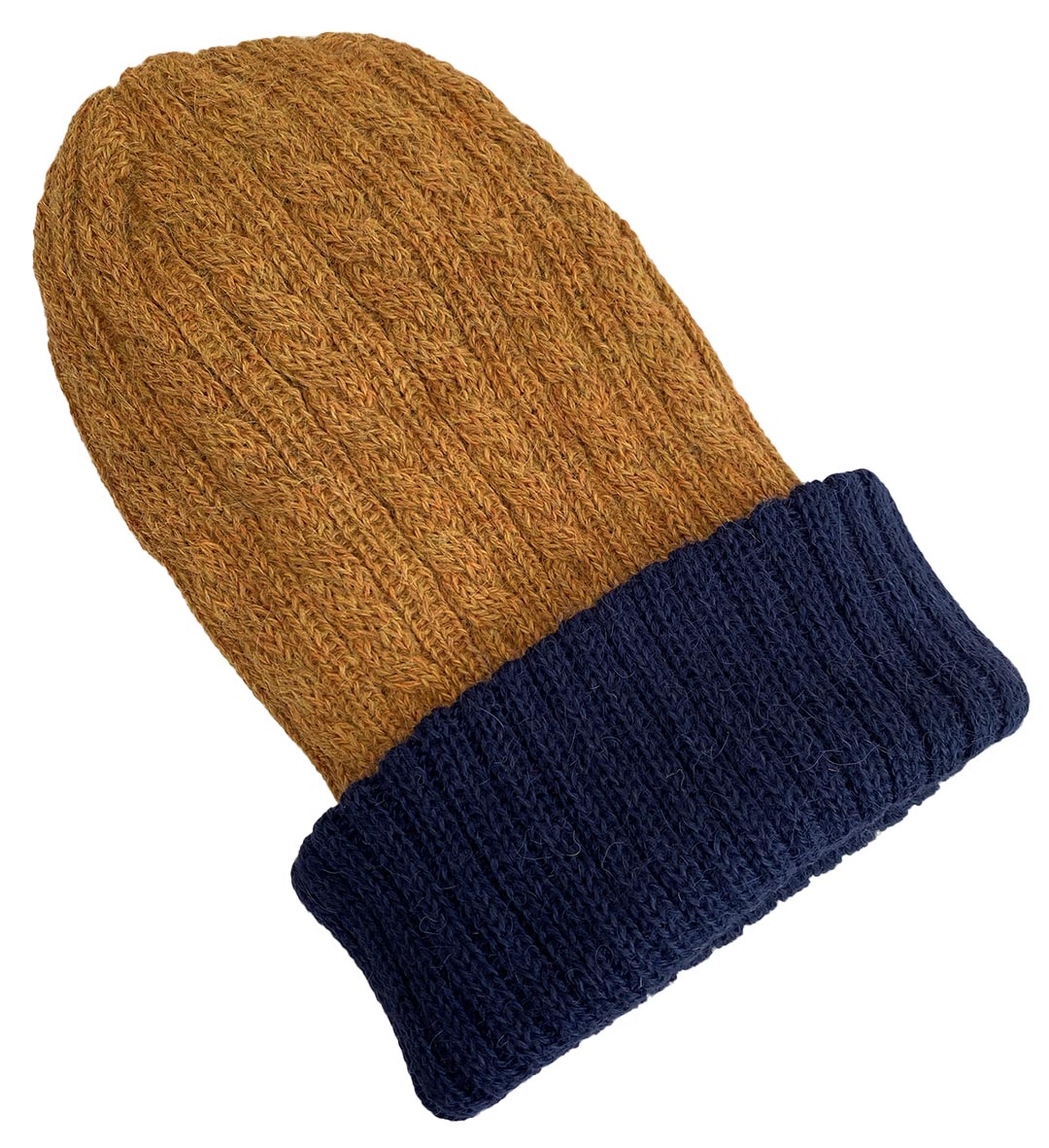 Reversible Hand Knit Alpaca Beanie - Navy/Mustard -1