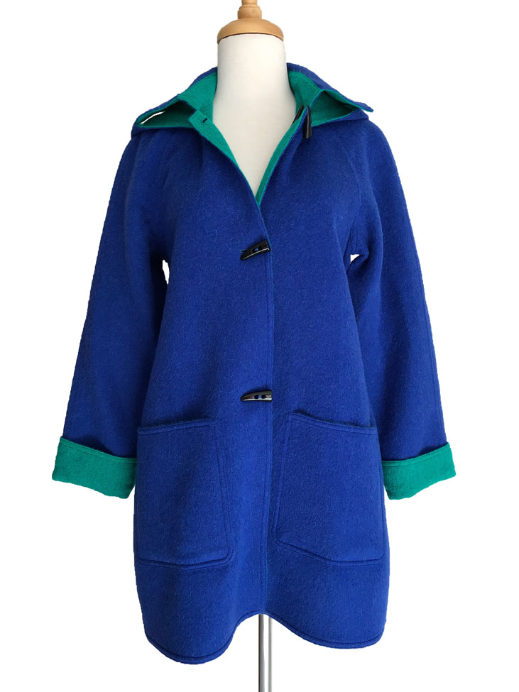 Bright Blue & Emerald Reversible Duffle Coat with Detachable Hood -1