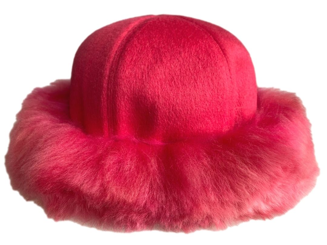 Baby Alpaca Fur Trim Hat - Hot Pink -1