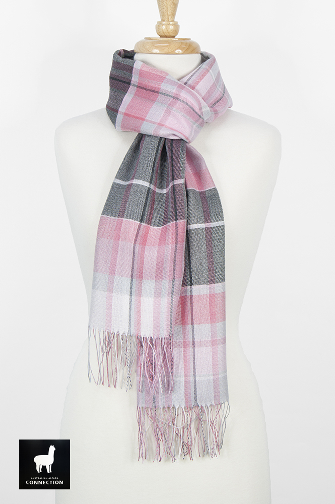 Alpaca & Silk Checked Wide Scarf - Pink/Grey - 1