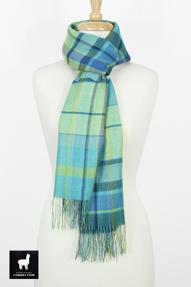 Alpaca & Silk Checked Wide Scarf - Aqua/Green - 1