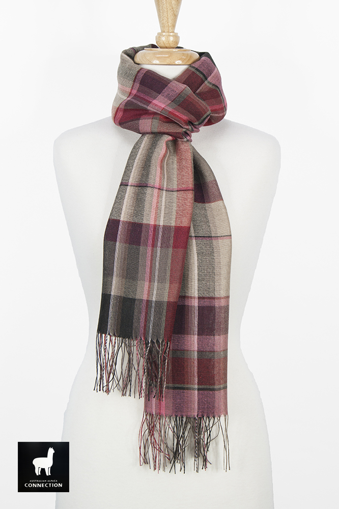 Alpaca & Silk Checked Wide Scarf - Taupe/Red - 1