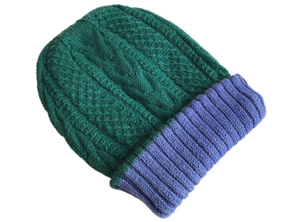 Reversible Hand Knit Alpaca Beanie - Bright Blue/Green - 2