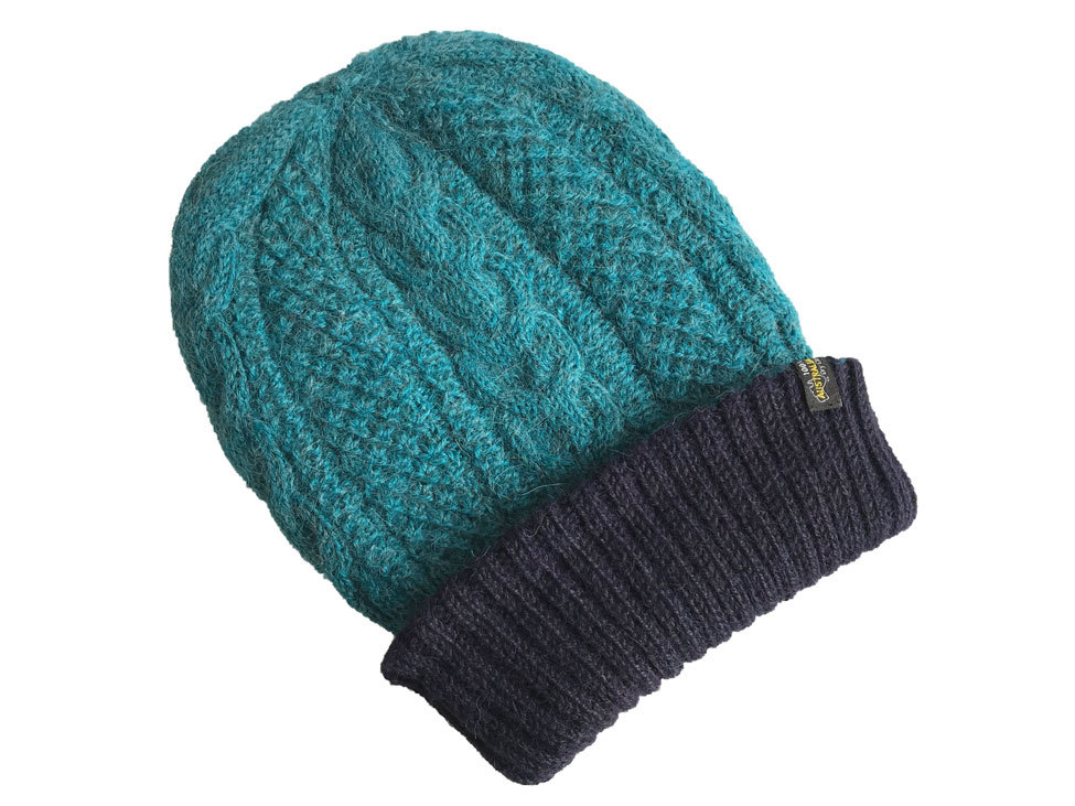 Reversible Hand Knit Alpaca Beanie - Navy/Teal Melange - 1