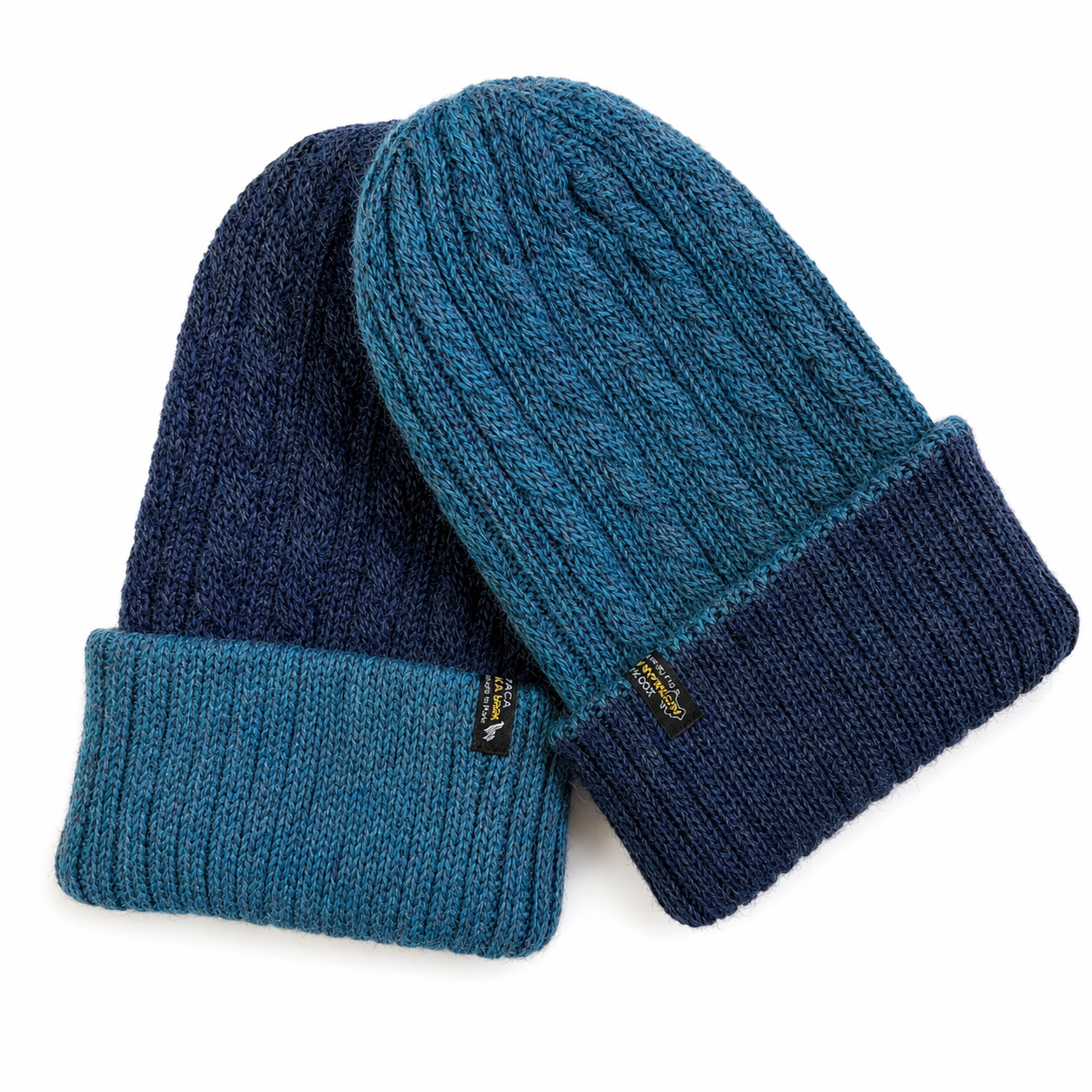 Reversible Hand Knit Alpaca Beanie - Denim/Teal Melange - 1