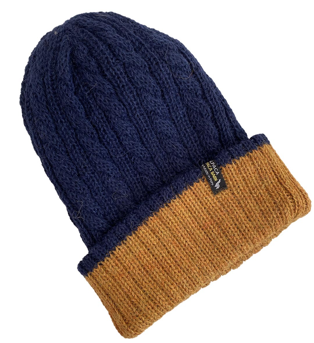 Reversible Hand Knit Alpaca Beanie - Navy/Mustard - 2