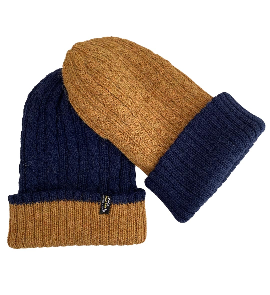 Reversible Hand Knit Alpaca Beanie - Navy/Mustard - 3