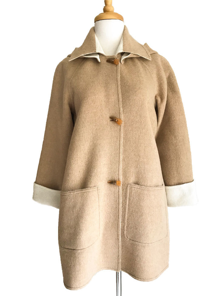 Light Camel & Cream Reversible Duffle Coat with Detachable Hood - 1
