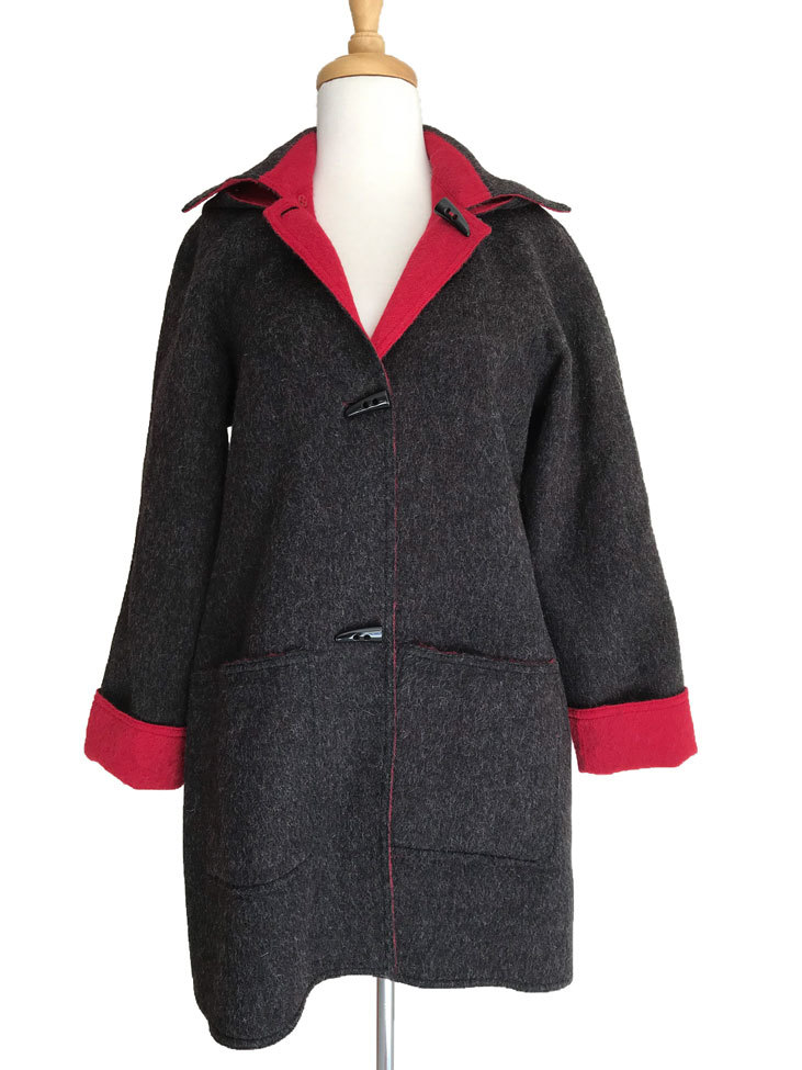 Charcoal & Deep Red Reversible Duffle Coat with Detachable Hood - 2