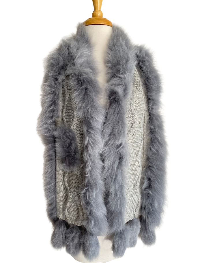 Alpaca Knitted Scarf with Fur - Sliver Grey - 1