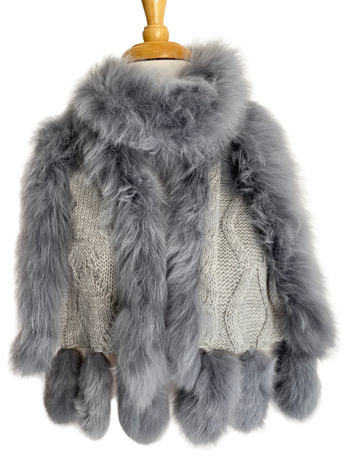 Alpaca Knitted Scarf with Fur - Sliver Grey - 2