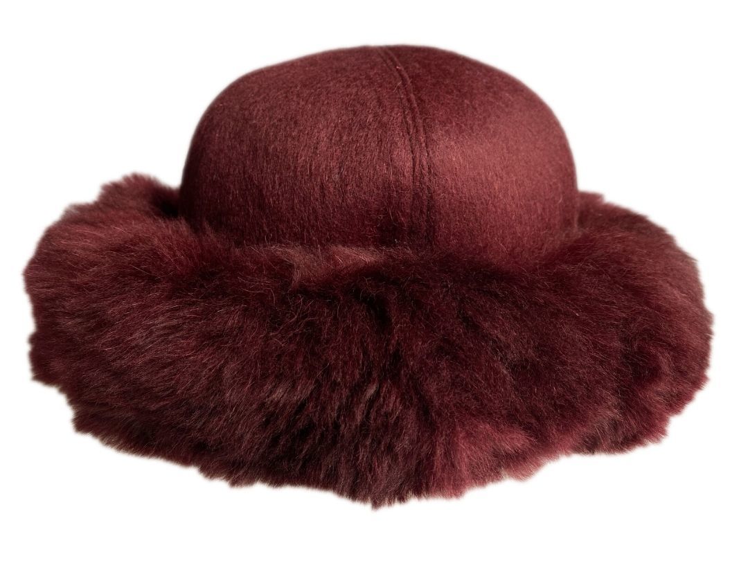 Baby Alpaca Fur Trim Hat - Burgundy - 1