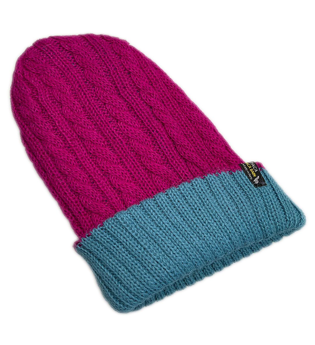 Reversible Hand Knit Alpaca Beanie - Magenta/Aqua Blue - 1