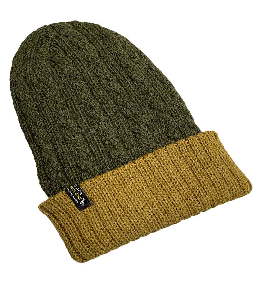 Reversible Hand Knit Alpaca Beanie - Military Green/Withered Green - 1