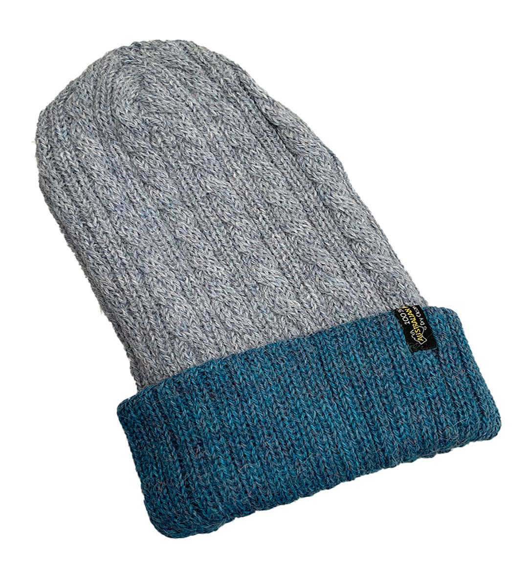 Reversible Hand Knit Alpaca Beanie - Teal Melange / Lt Blue - 2
