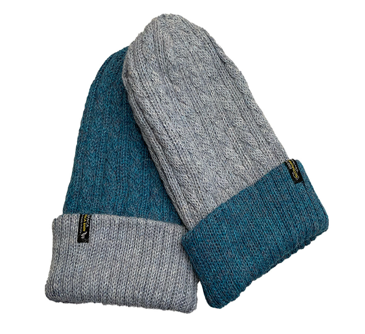 Reversible Hand Knit Alpaca Beanie - Teal Melange / Lt Blue - 3
