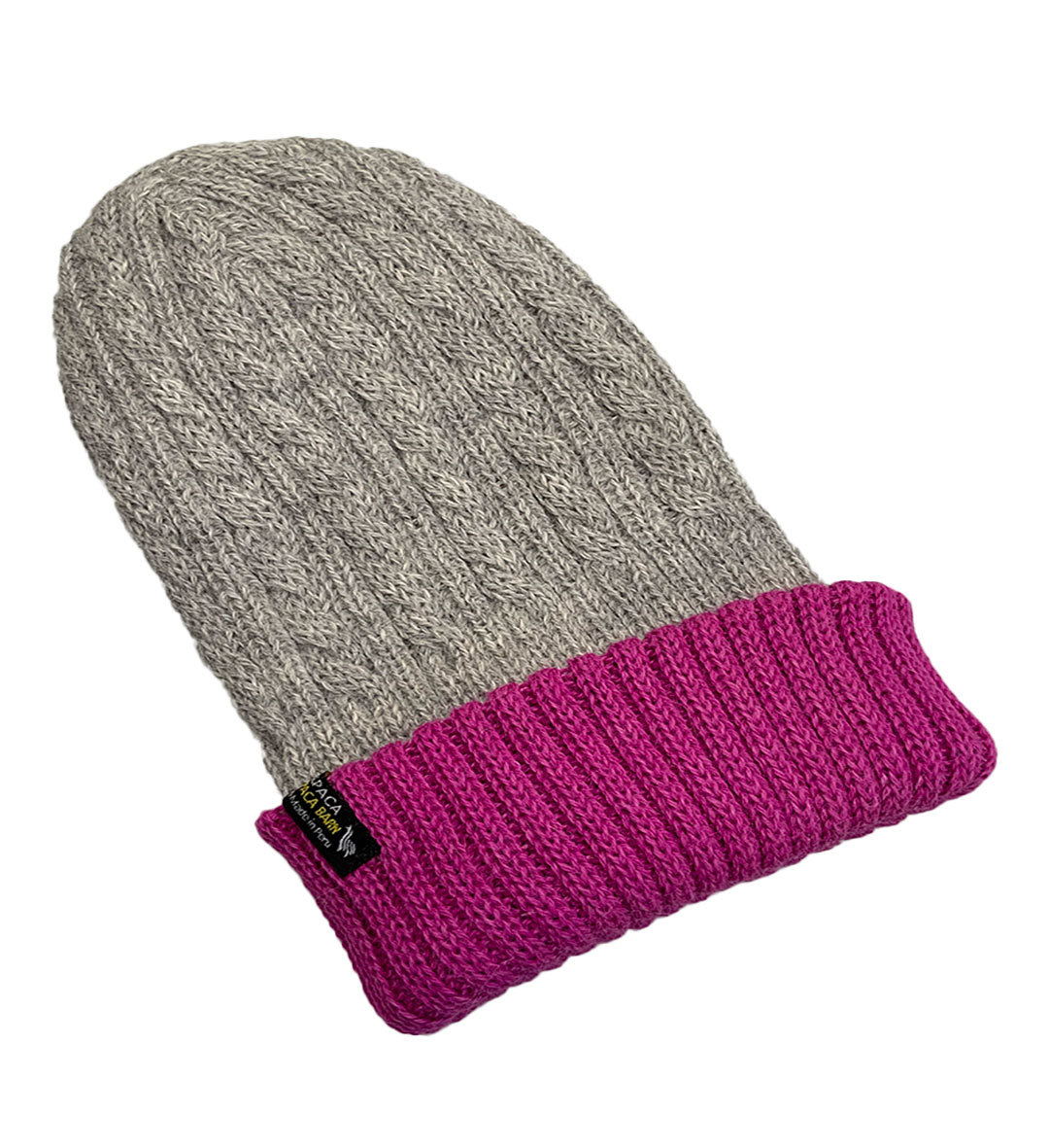 Reversible Hand Knit Alpaca Beanie - Pink/Silver - 1