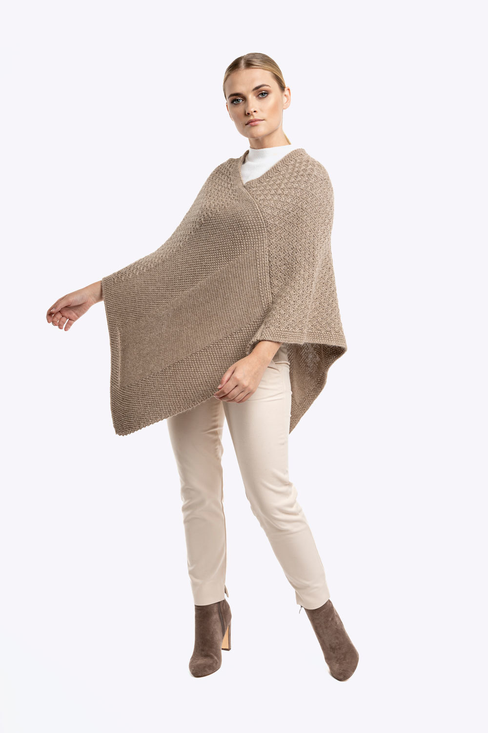 Ladies V-Neck Knitted Poncho - Camel - 1