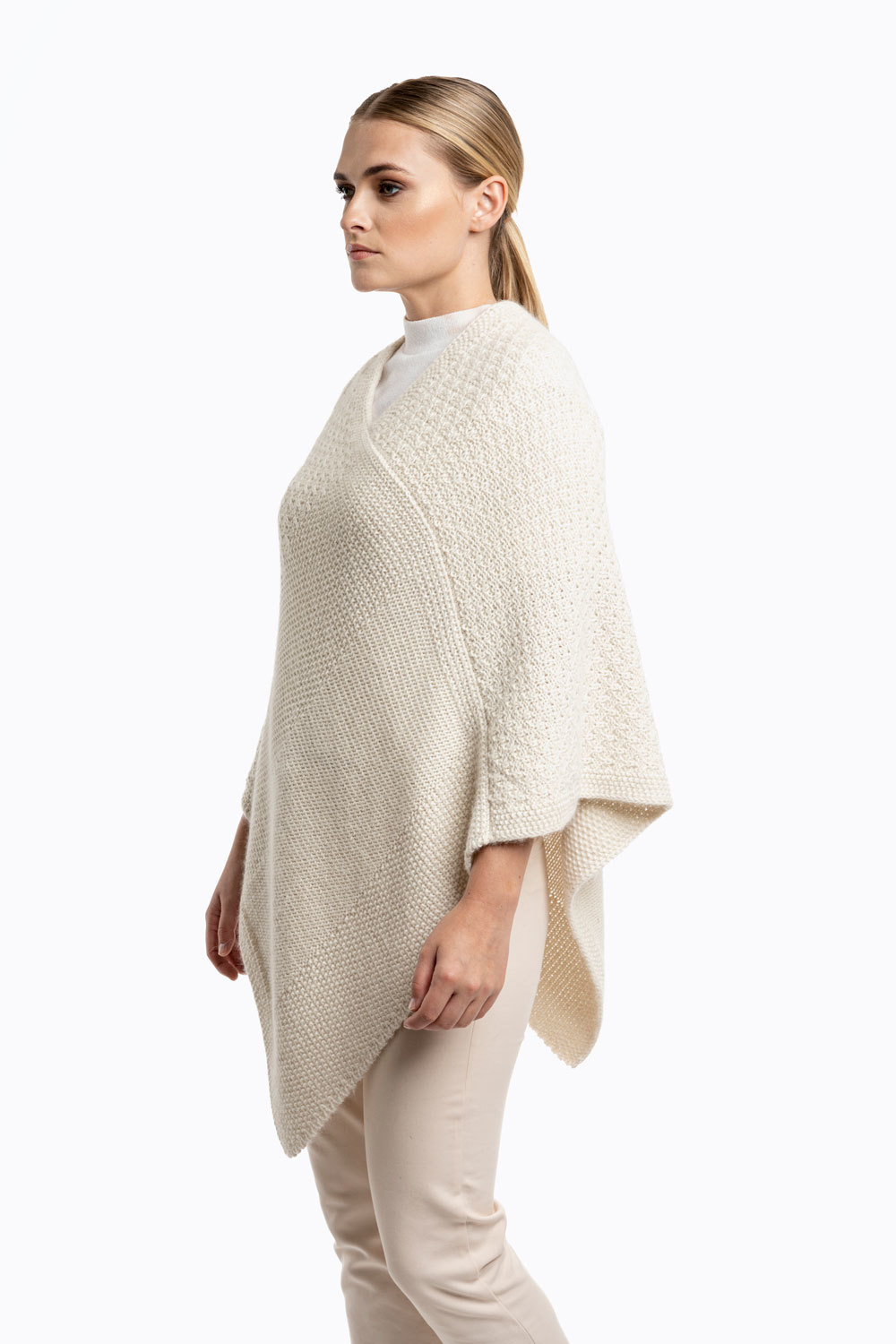 Ladies V-Neck Knitted Poncho - Ecru - 2