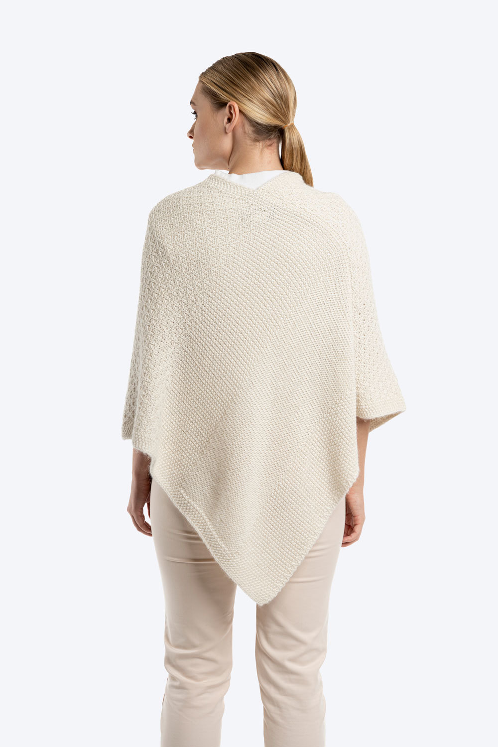 Ladies V-Neck Knitted Poncho - Ecru - 3